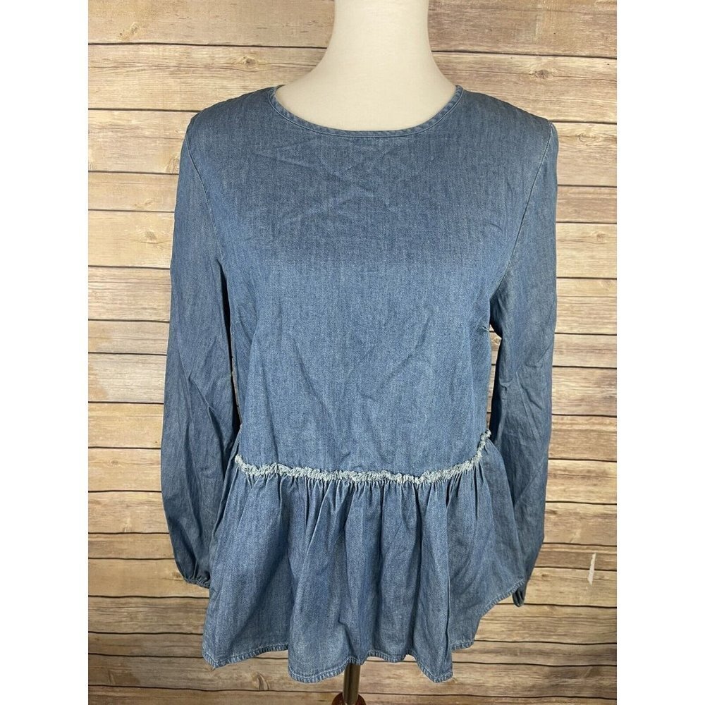Universal Thread Medium Chambray Blouse Tiered Ba… - image 1